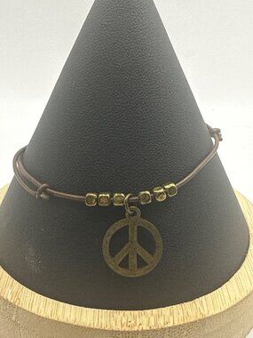 Boho Peace Sign Leather Cord Bracelet Vintage Bronze Charm Unisex
